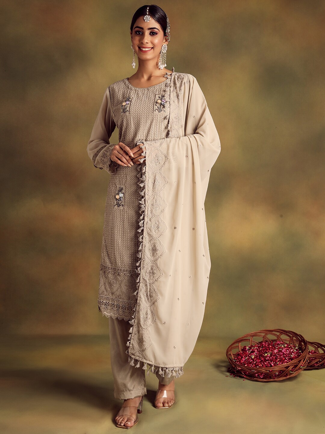 

Readiprint Fashions Floral Embroidered Unstitched Dress Material, Beige
