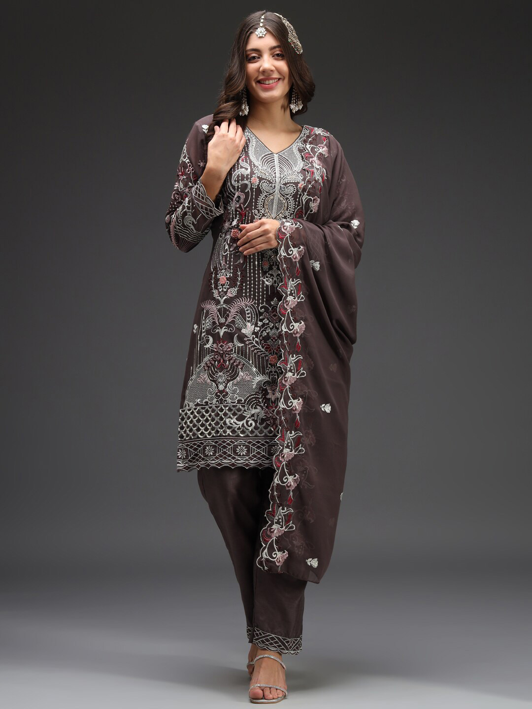 

Readiprint Fashions Floral Embroidered Unstitched Dress Material, Brown