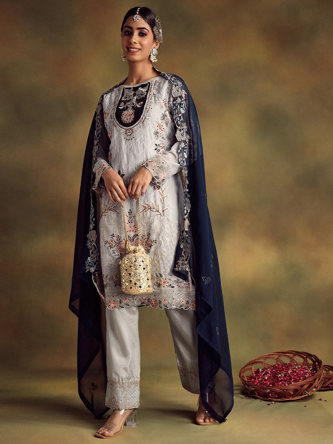 

Readiprint Fashions Floral Embroidered Unstitched Dress Material, Grey
