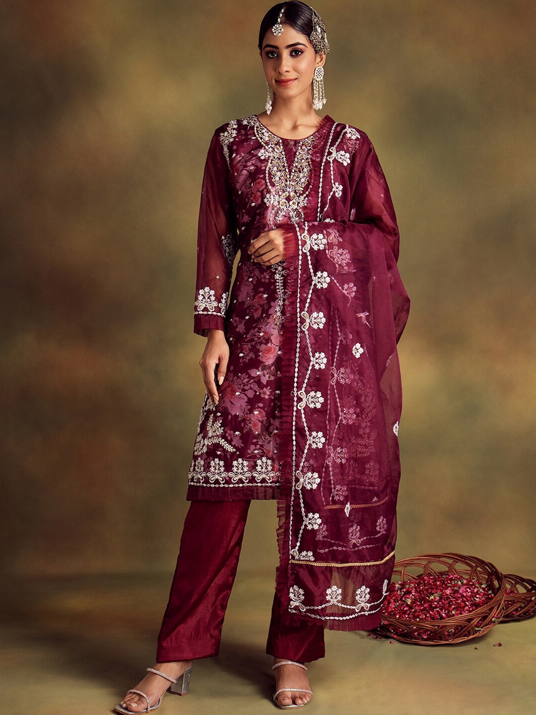 

Readiprint Fashions Floral Embroidered Beads and Stones Unstitched Dress Material, Maroon