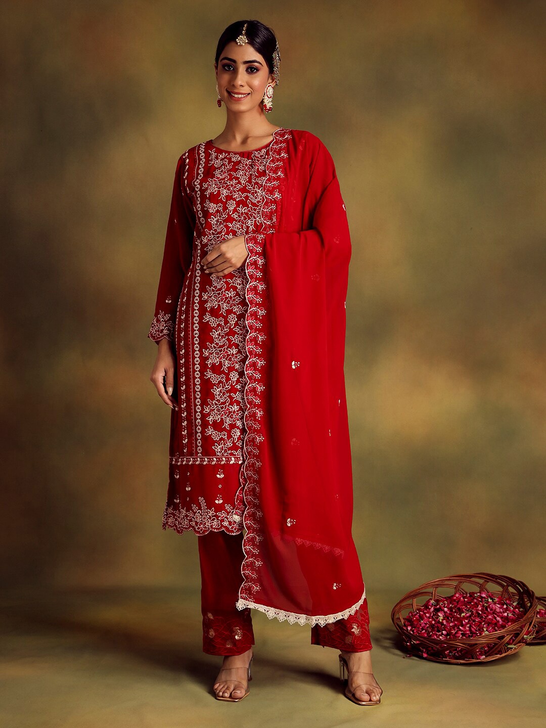 

Readiprint Fashions Floral Embroidered Sequinned Unstitched Dress Material, Red