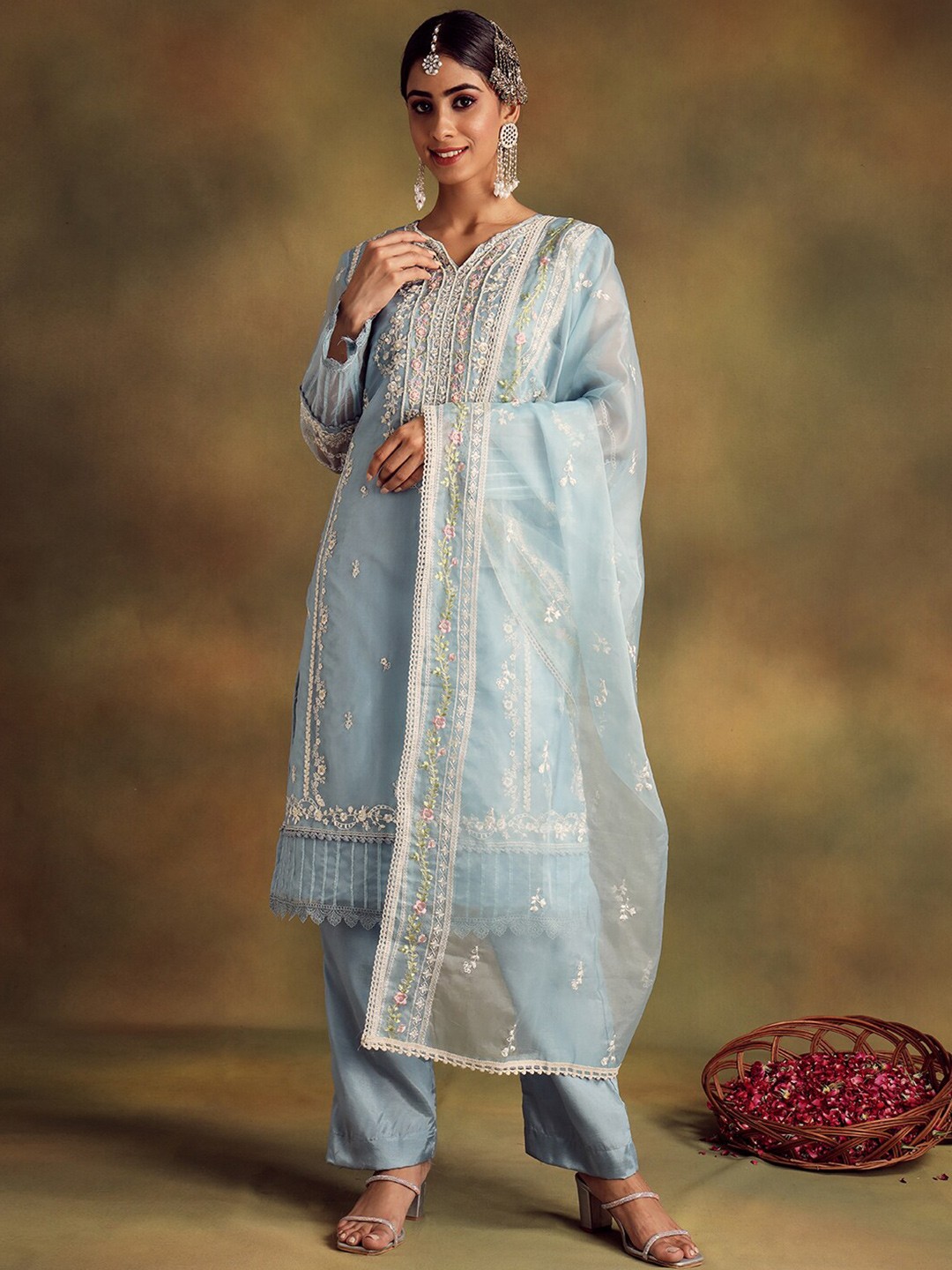 

Readiprint Fashions Floral Embroidered Organza Unstitched Dress Material, Blue