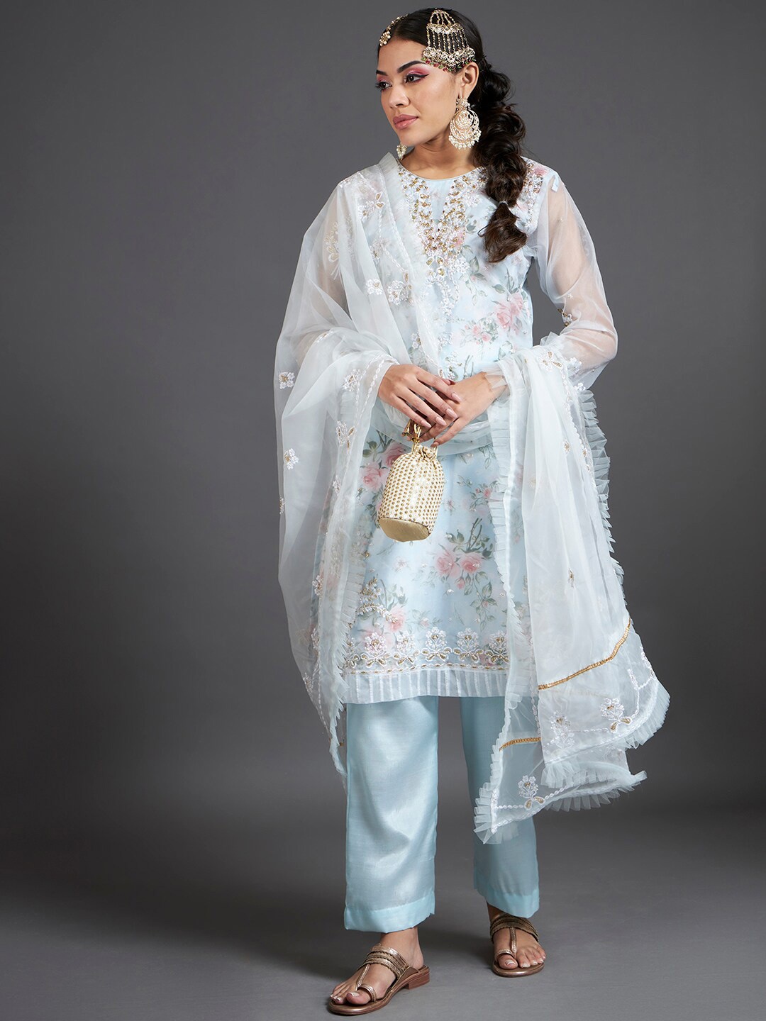 

Readiprint Fashions Floral Embroidered Organza Unstitched Dress Material, Blue