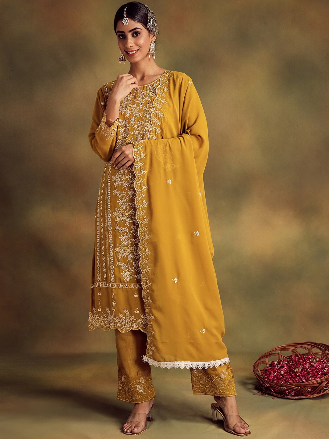 

Readiprint Fashions Floral Embroidered Unstitched Dress Material, Mustard