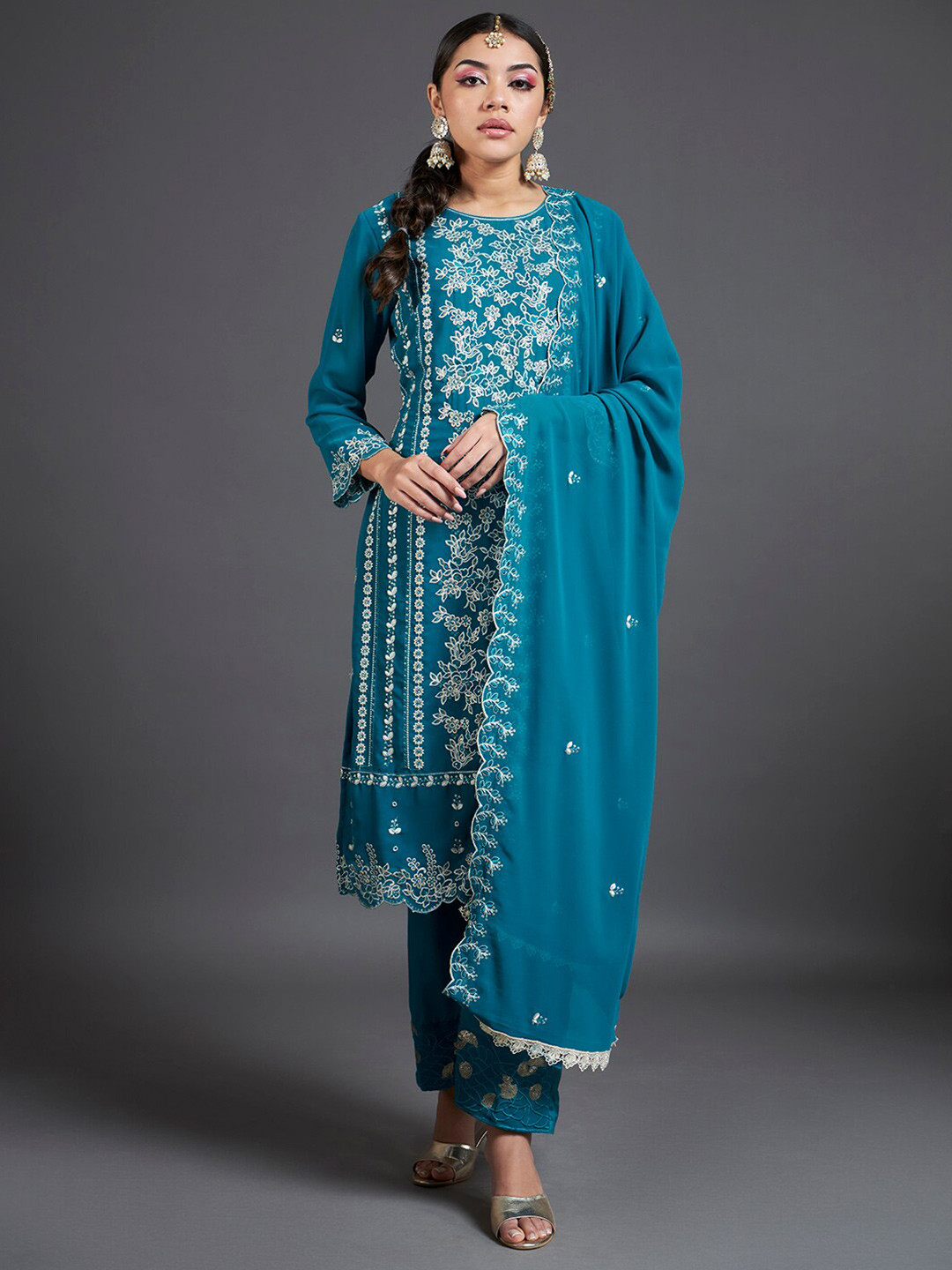 

Readiprint Fashions Floral Embroidered Organza Unstitched Dress Material, Blue