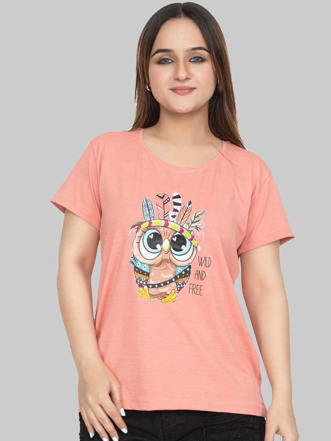 

Cheribell Printed Round Neck Cotton T-Shirt, Pink