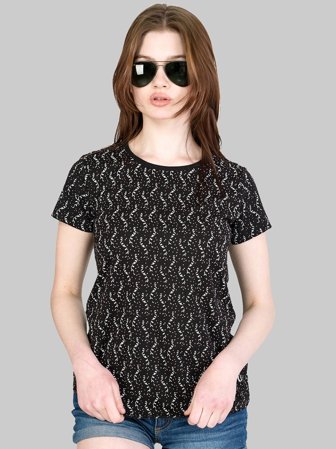 

Cheribell Printed Round Neck T-Shirt, Black