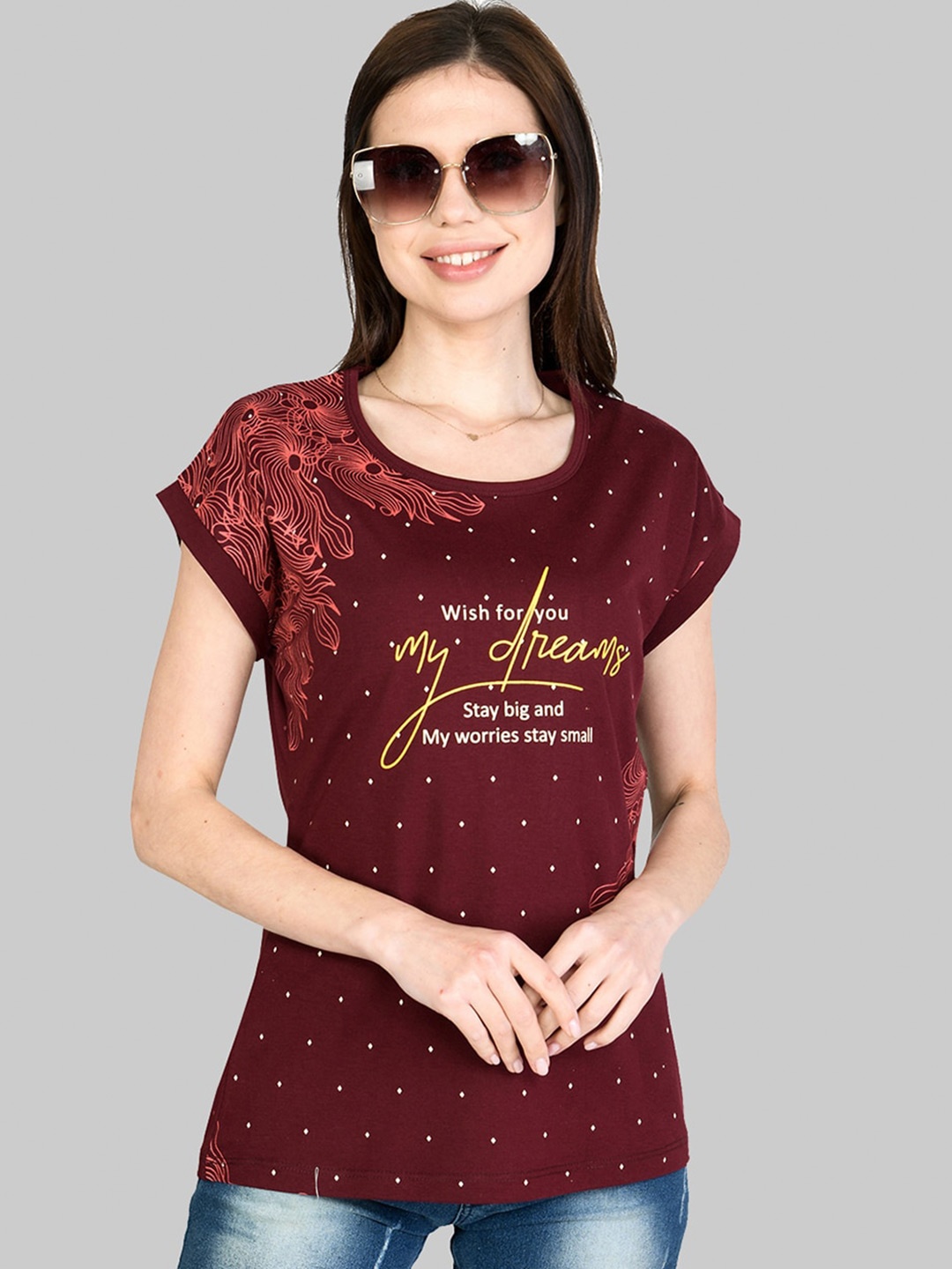 

Cheribell Printed Extended Sleeves Round Neck T-Shirt, Maroon