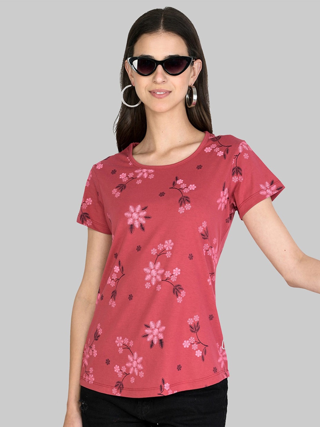

Cheribell Floral Printed Round Neck T-Shirt, Pink