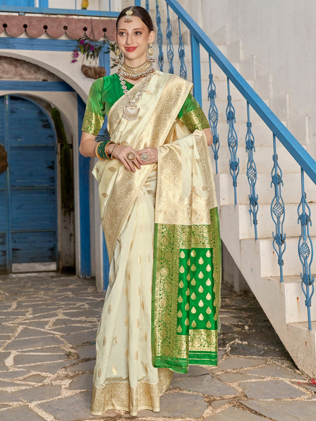 

Anouk Cream-Coloured & Green Ethnic Motifs Woven Design Banarasi Saree