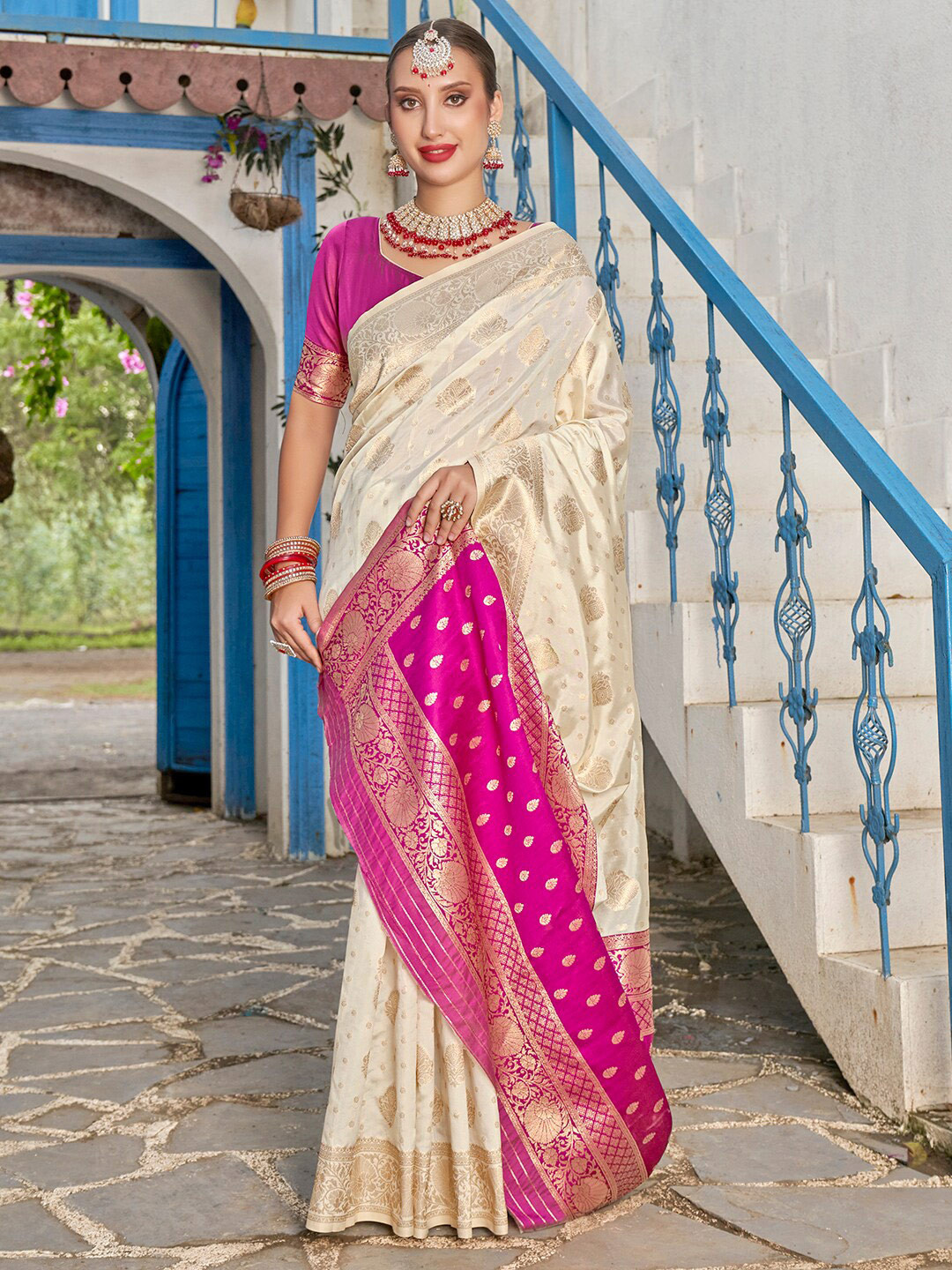 

Anouk Cream-Coloured & Pink Ethnic Motifs Woven Design Banarasi Saree
