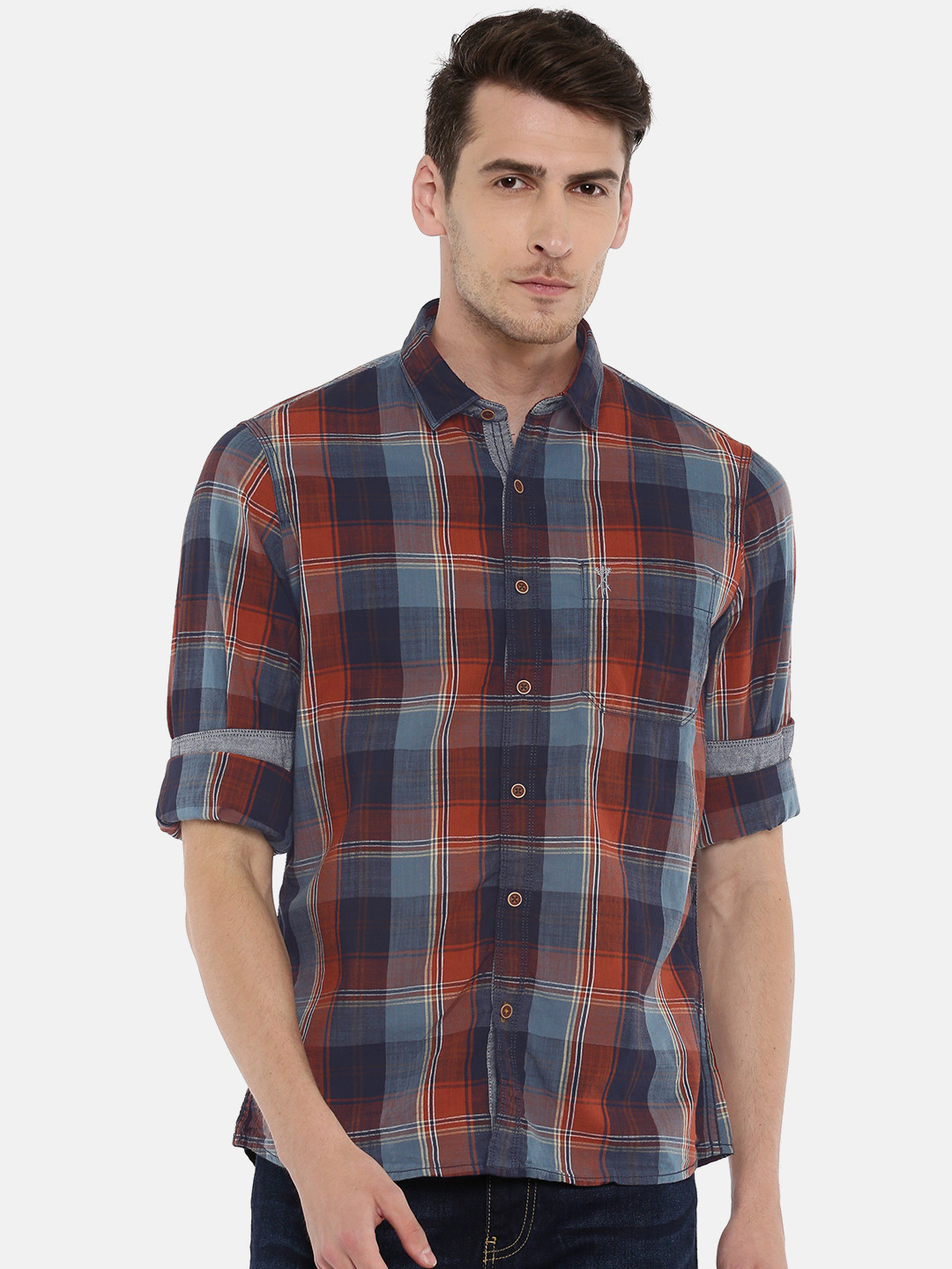 

Arrow Blue Jean Co. Men Rust Orange & Blue Classic Slim Fit Checked Casual Shirt