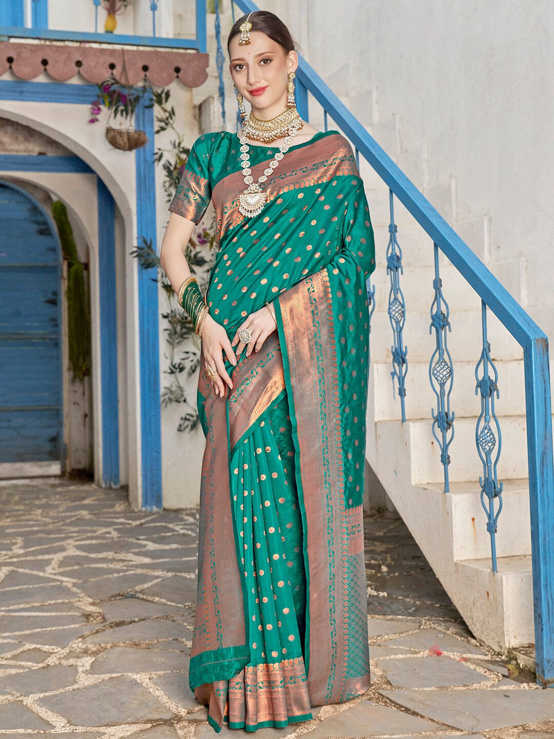

Anouk Turquoise Blue & Copper-Toned Ethnic Motifs Woven Design Banarasi Saree