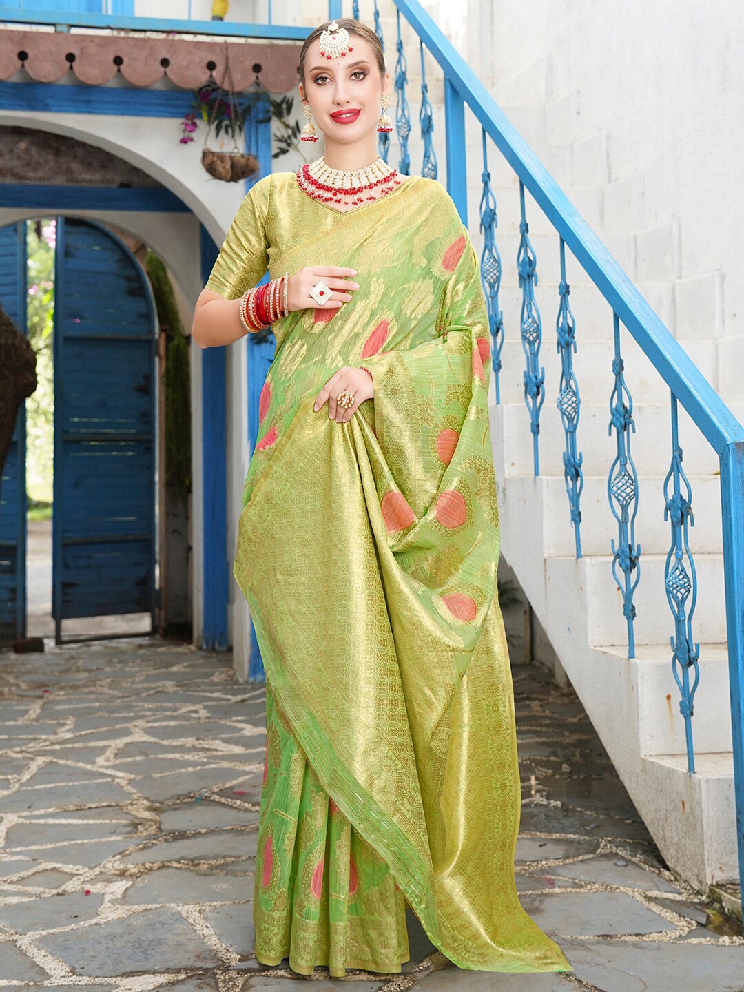 

Anouk Lime Green & Pink Ethnic Motif Woven Design Zari Saree