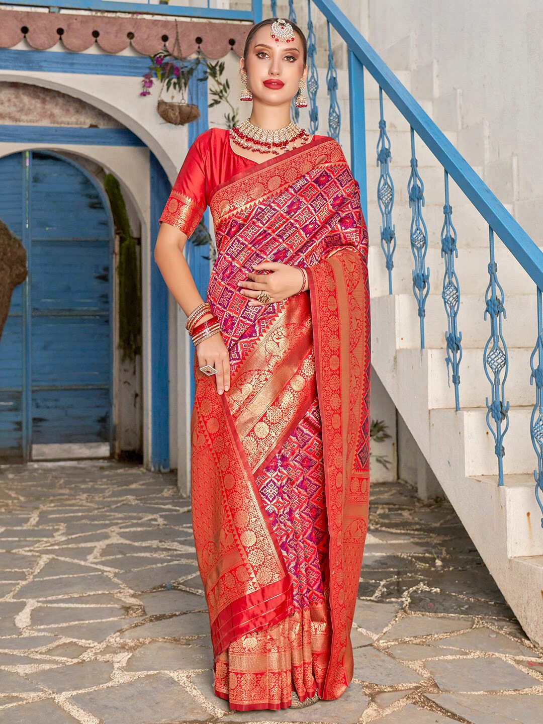 

Anouk Pink & Red Ethnic Motifs Woven Design Zari Kanjeevaram Saree