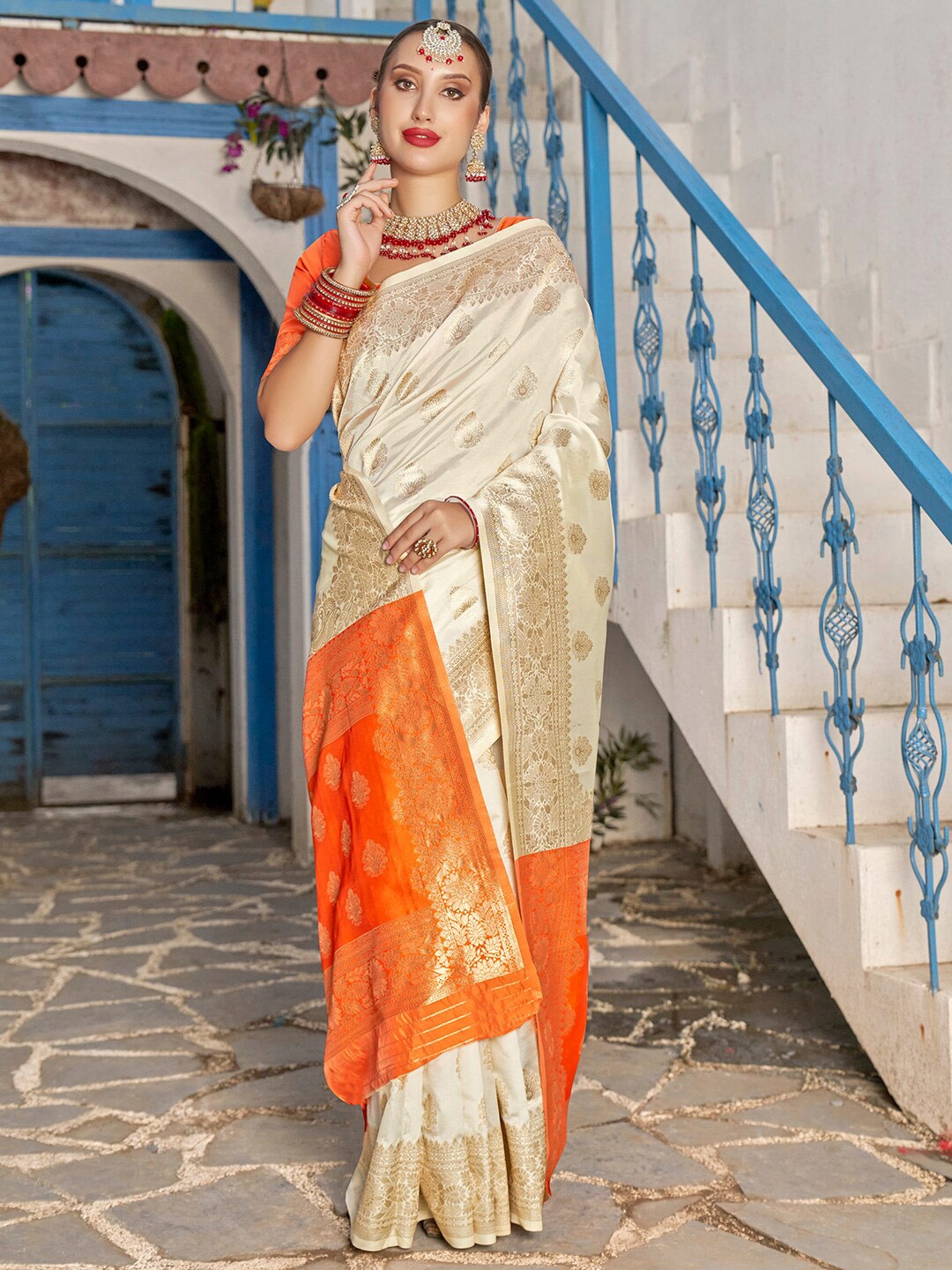 

Anouk Cream-Coloured & Orange Ethnic Motifs Woven Design Banarasi Saree
