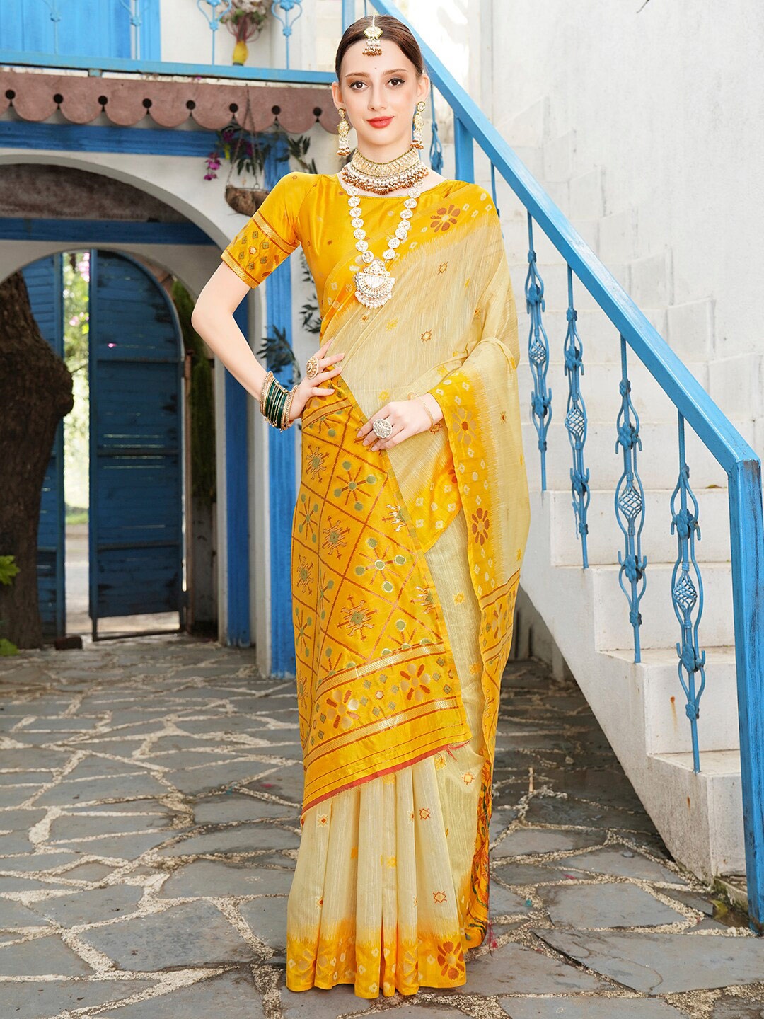 

Anouk Cream-Coloured & Yellow Ethnic Motif Woven Design Zari Saree