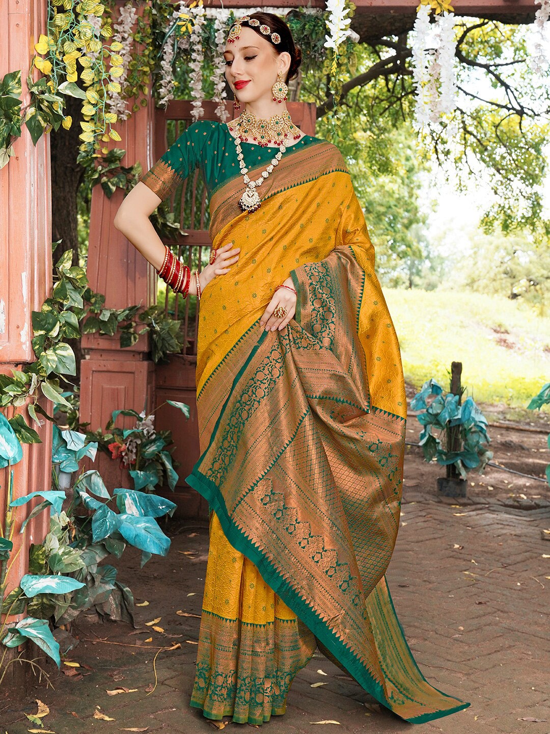 

Anouk Yellow & Green Ethnic Motifs Woven Design Zari Kanjeevaram Saree