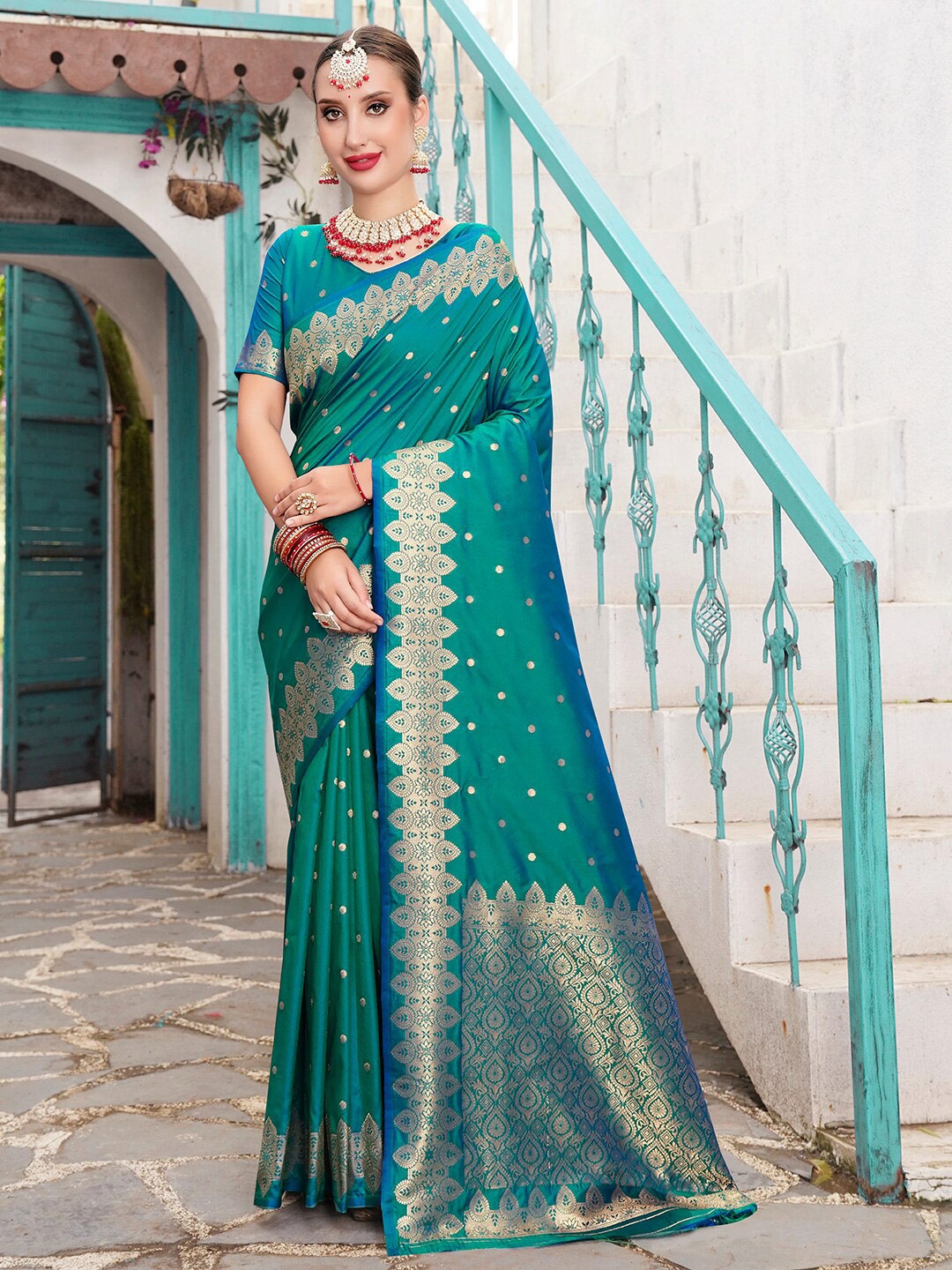 

Anouk Turquoise Blue & Gold-Toned Ethnic Motifs Woven Design Zari Art Silk Banarasi Saree