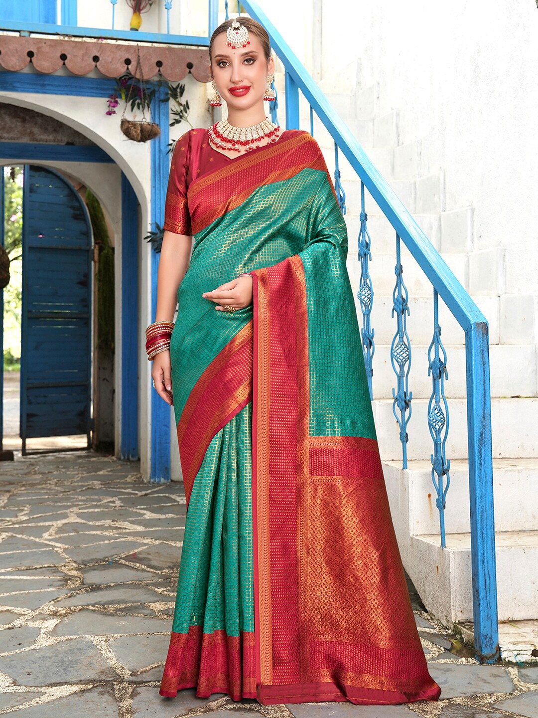 

Anouk Turquoise Blue & Pink Checked Zari Art Silk Kanjeevaram Saree