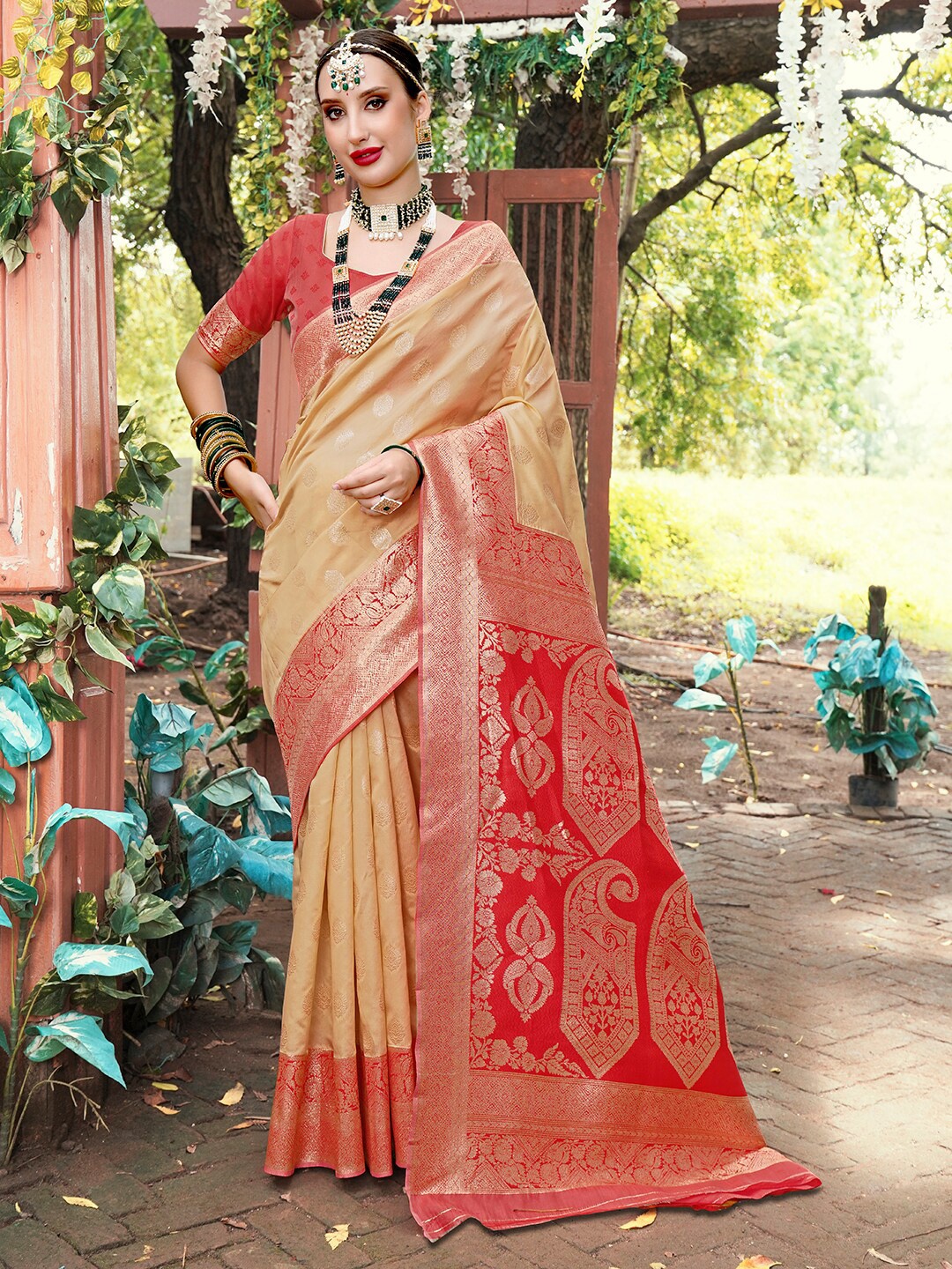 

Anouk Cream-Coloured & Pink Ethnic Motifs Woven Design Zari Art Silk Banarasi Saree