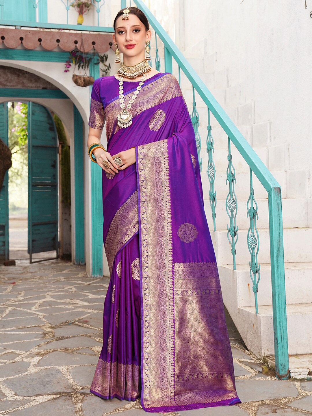 

Anouk Purple & Gold-Toned Ethnic Motifs Woven Design Zari Art Silk Banarasi Saree