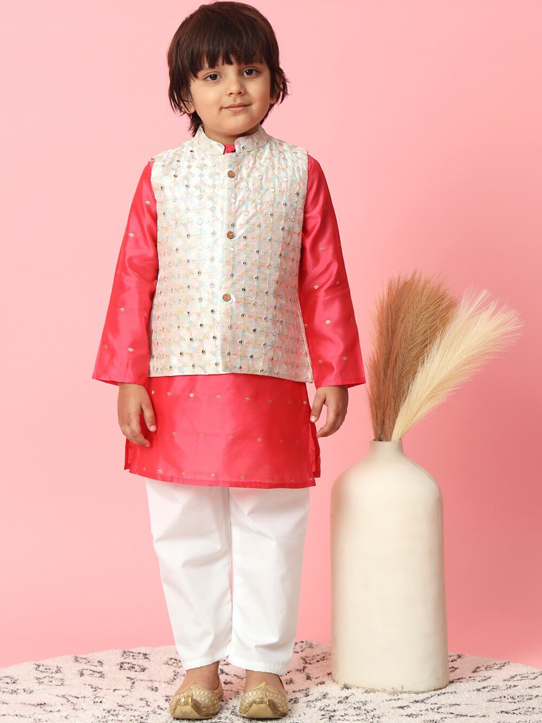 

Readiprint Fashions Boys Ethnic Motifs Woven Design Kurta With Pyjamas With Nehru Jacket, Pink