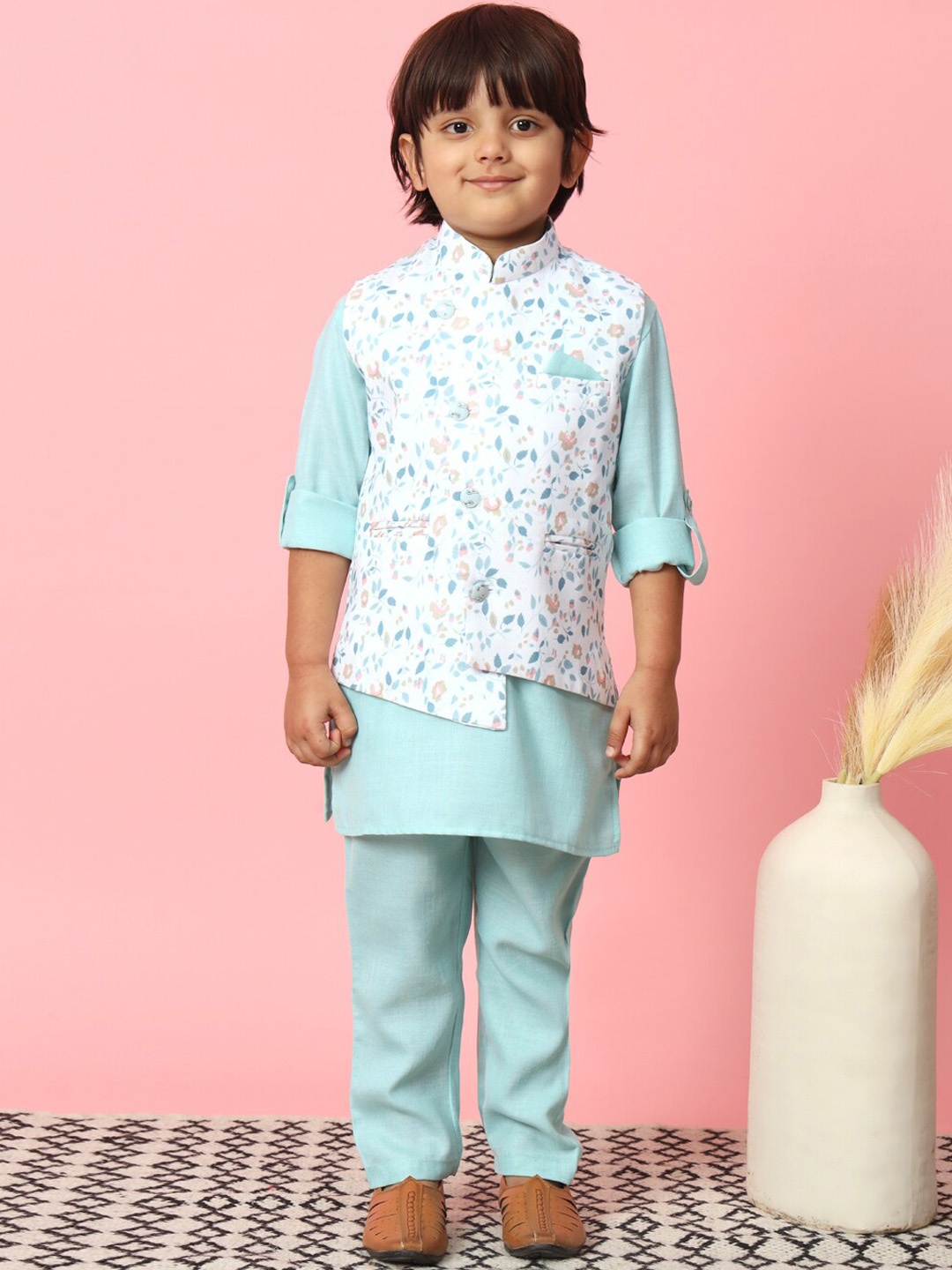 

Readiprint Fashions Boys Mandarin Collar Roll-Up Sleeve Kurta With Trousers & Nehru Jacket, Blue