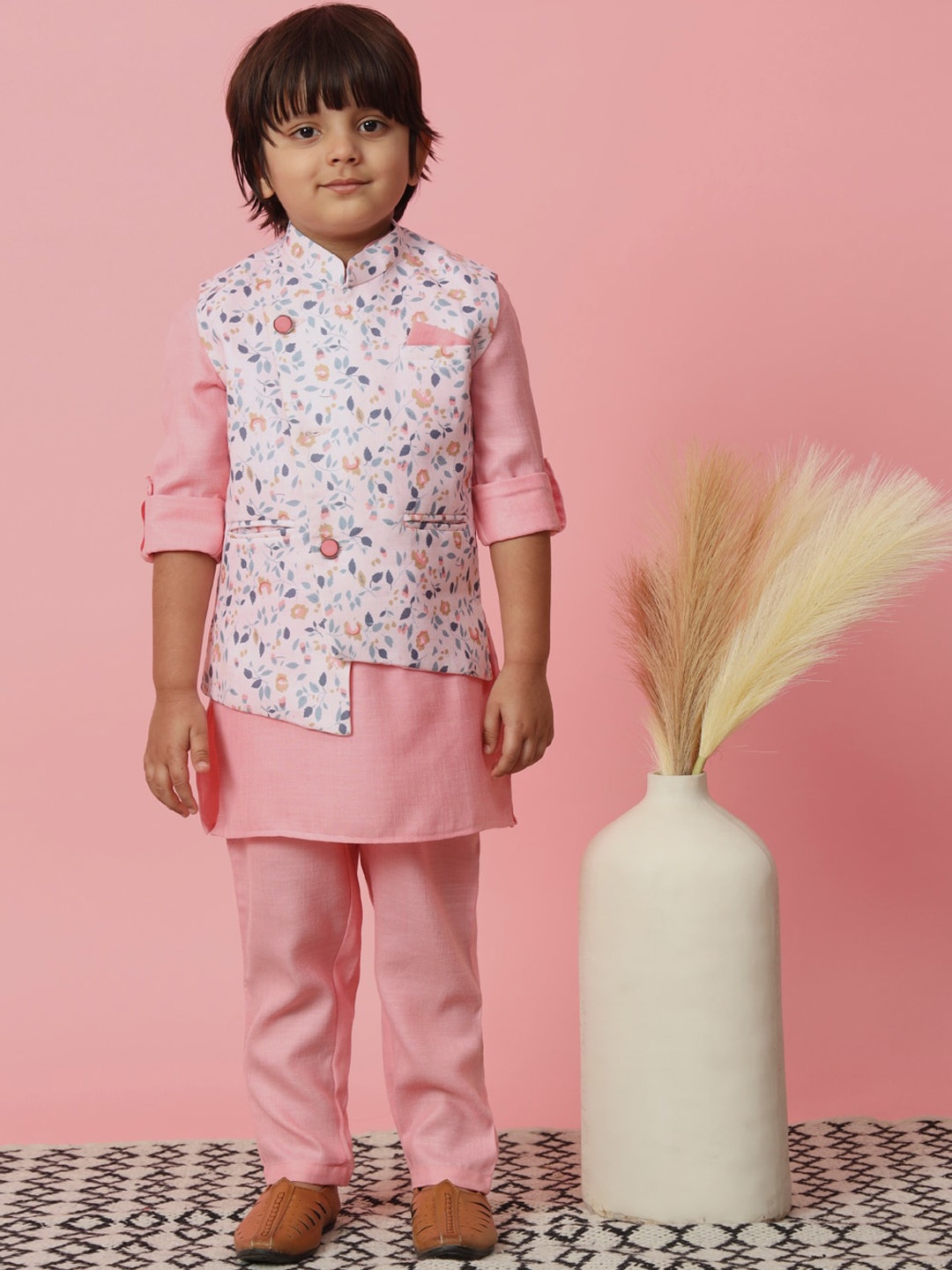 

Readiprint Boys Mandarin Collar Roll-Up Sleeve Kurta With Trousers & Nehru Jacket, Pink