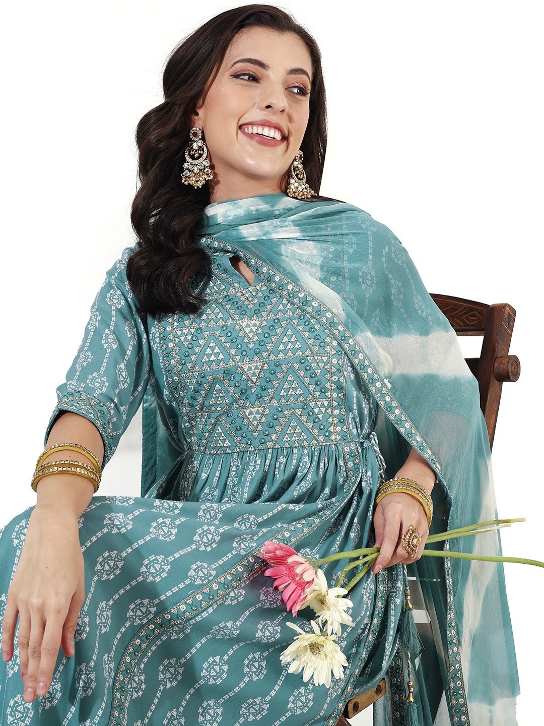 

Anouk Ethnic Motifs Printed Thread Work High Slit A-Line Kurta & Trousers With Dupatta, Turquoise blue