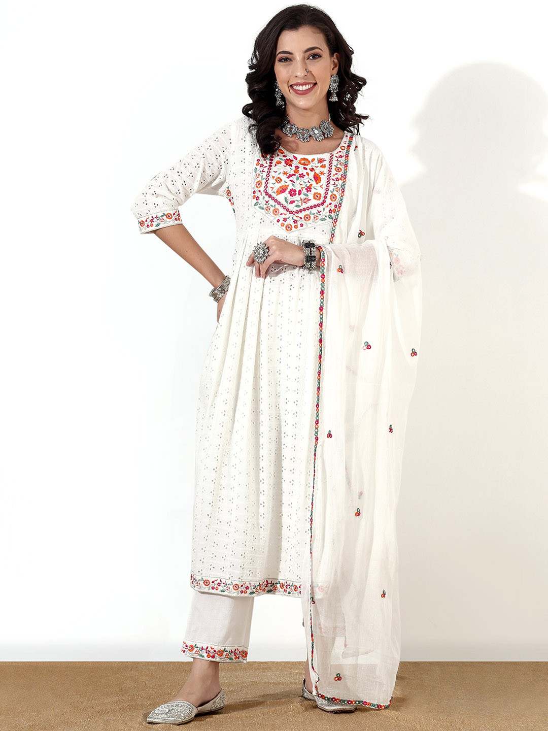 

Anouk Floral Printed Thread Work Regular Kurta with Trousers & With Dupatta, White