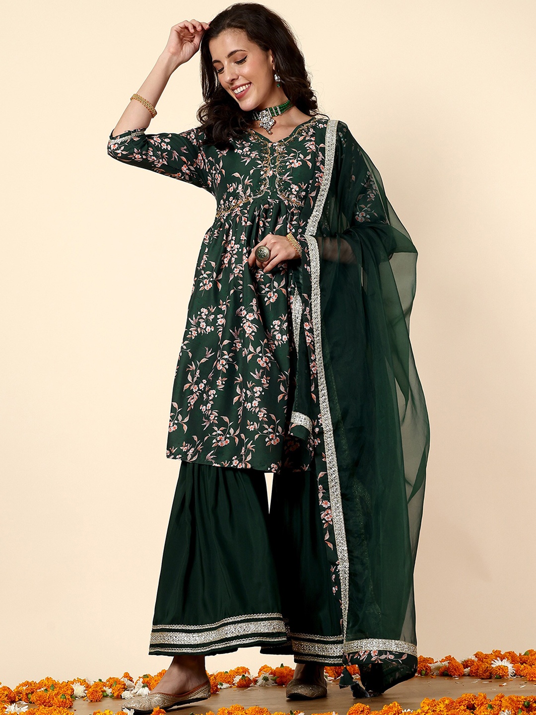 

Anouk Floral Printed Anarkali Kurta with Sharara & With Dupatta, Green