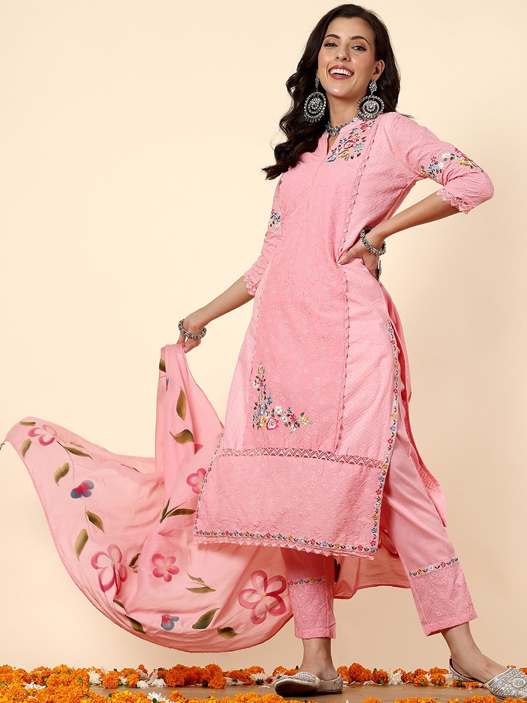 

Anouk Pink Floral Embroidered Pure Cotton Straight Kurta With Trousers & Dupatta