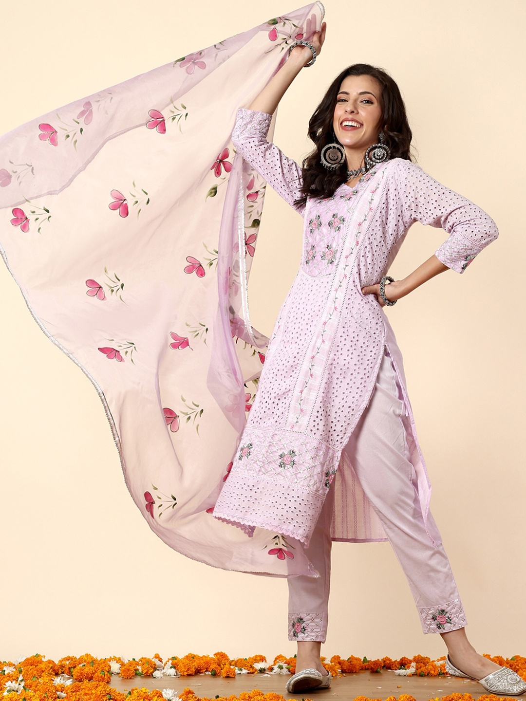 

Anouk Floral Embroidered Pure Cotton Regular Kurta with Trousers & With Dupatta, Purple