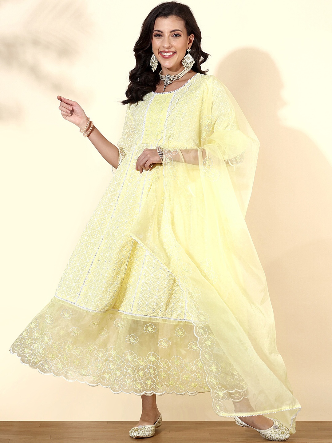 

Anouk Ethnic Motifs Embroidered Pure Cotton Anarkali Kurta & Cropped Trousers With Dupatta, Yellow