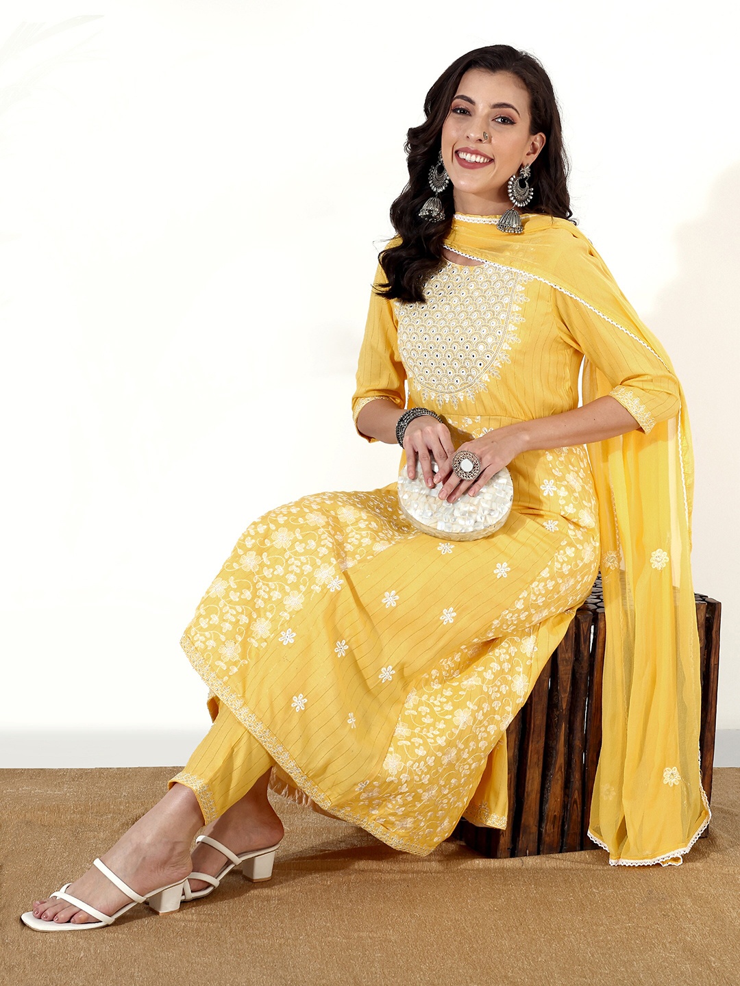 

Anouk Ethnic Motifs Embroidered Thread Work A-Line Kurta & Trousers With Dupatta, Yellow