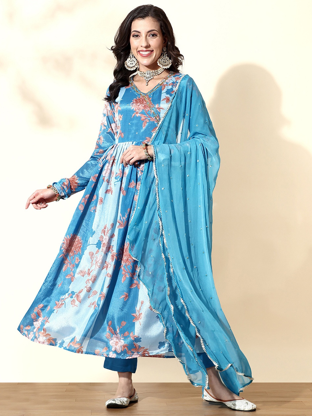 

Anouk Floral Printed Anarkali Kurta with Trousers & With Dupatta, Blue