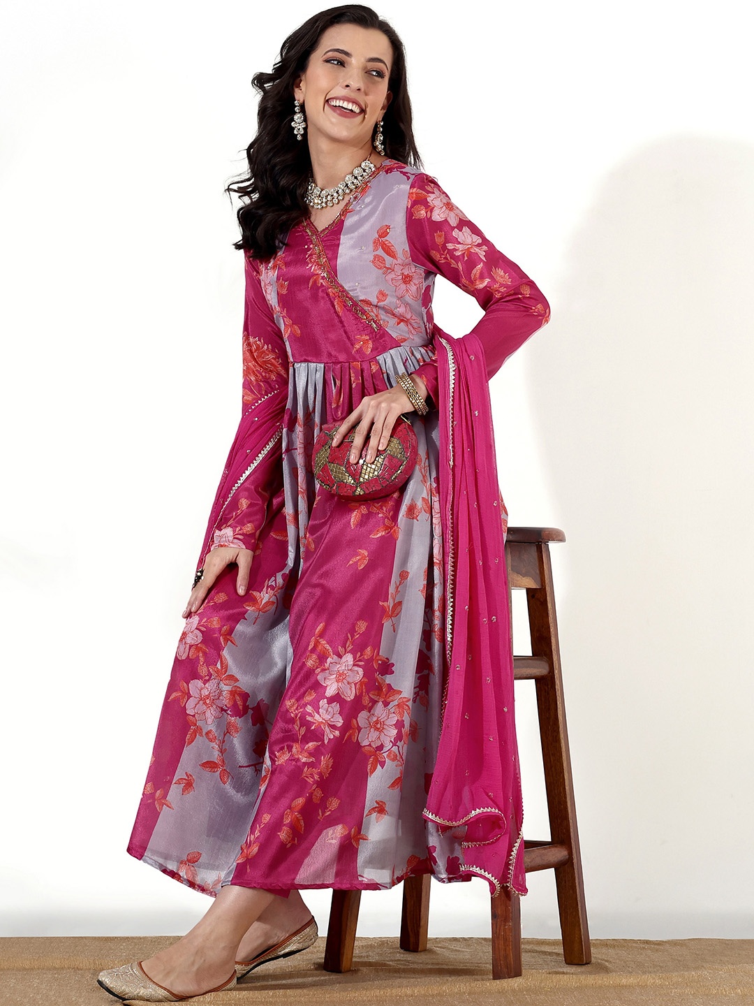 

Anouk Floral Printed Beads and Stones Detail Anarkali Kurta & Trousers With Dupatta, Fuchsia