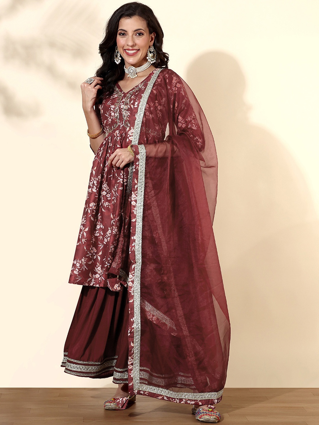 

Anouk Ethnic Motifs Printed Empire Anarkali Kurta with Sharara & With Dupatta, Maroon