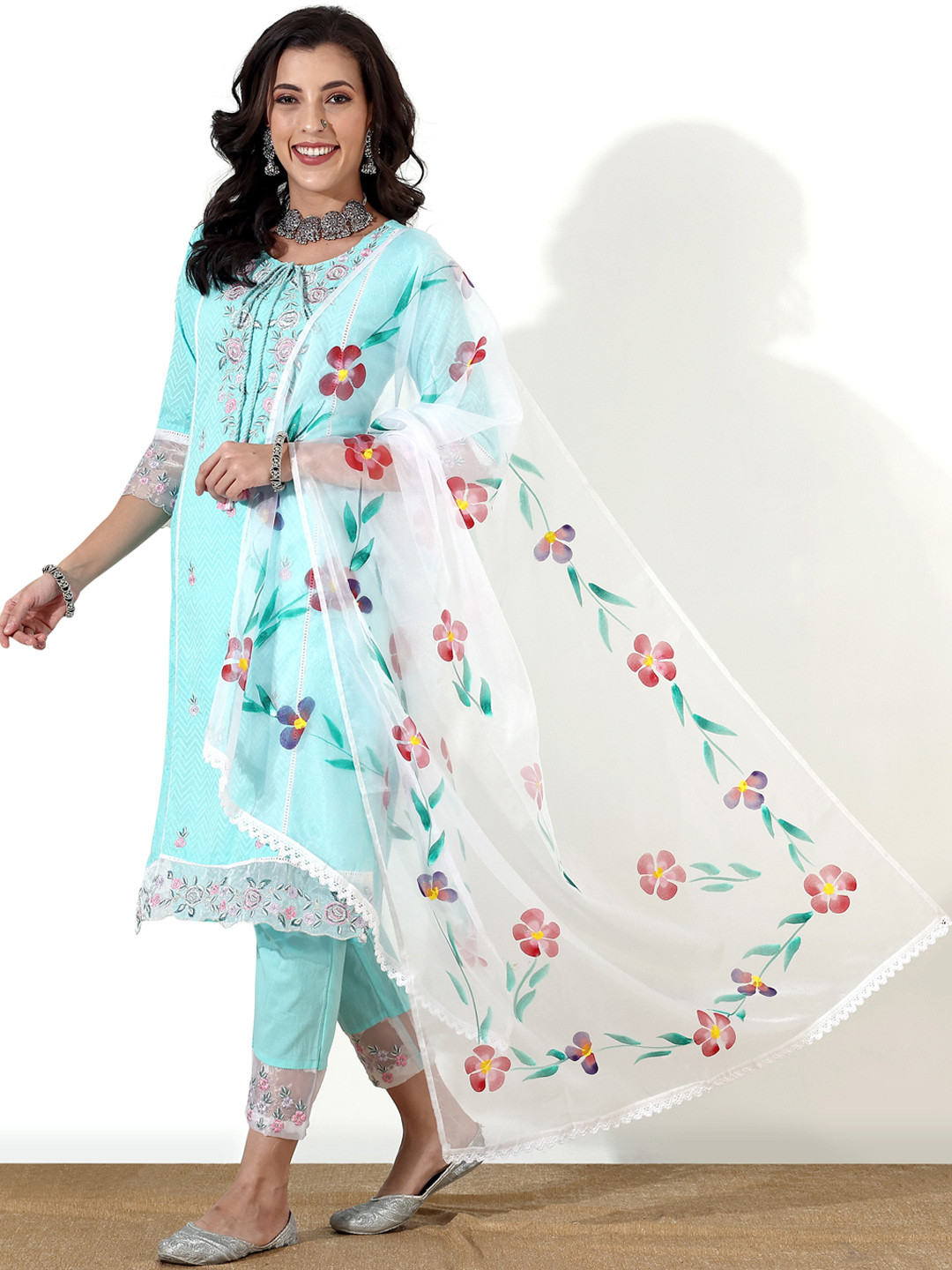 

Anouk Floral Embroidered Pure Cotton Kurta with Trousers & With Dupatta, Turquoise blue