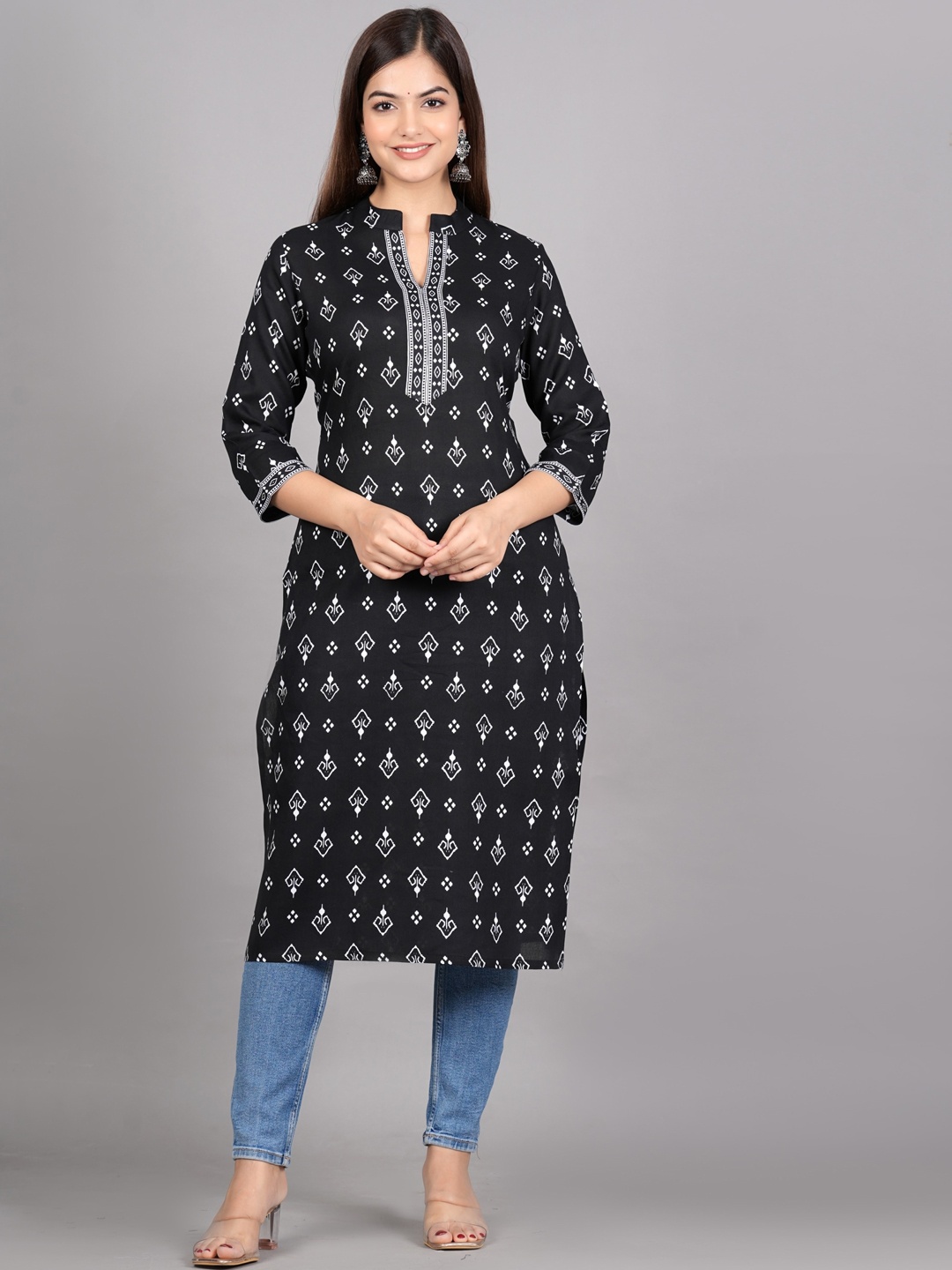 

KALINI Ethnic Motifs Printed Mandarin Collar Kurta, Black