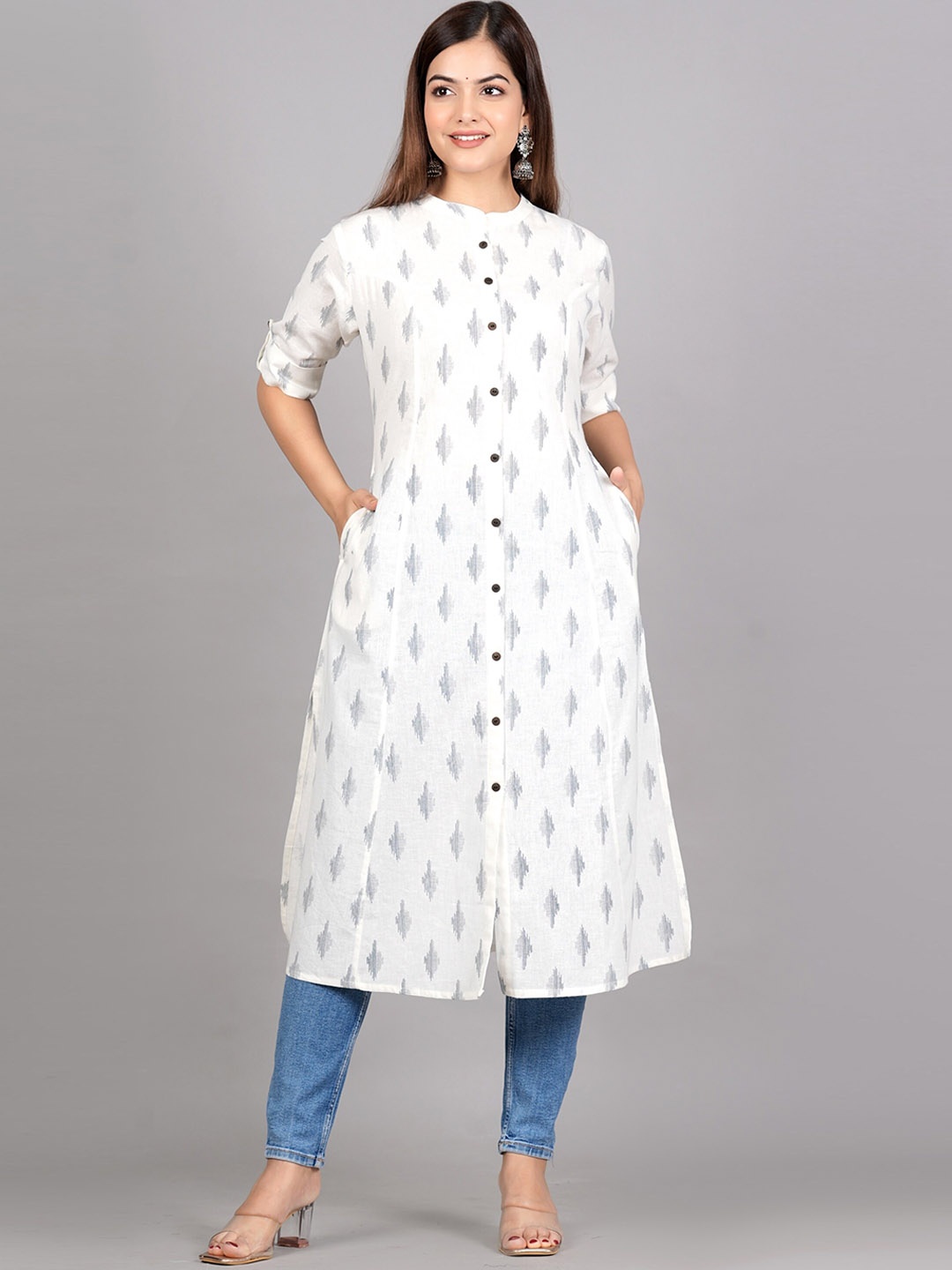 

KALINI Ethnic Motifs Printed Mandarin Collar Roll-Up Sleeves A-Line Kurta, White