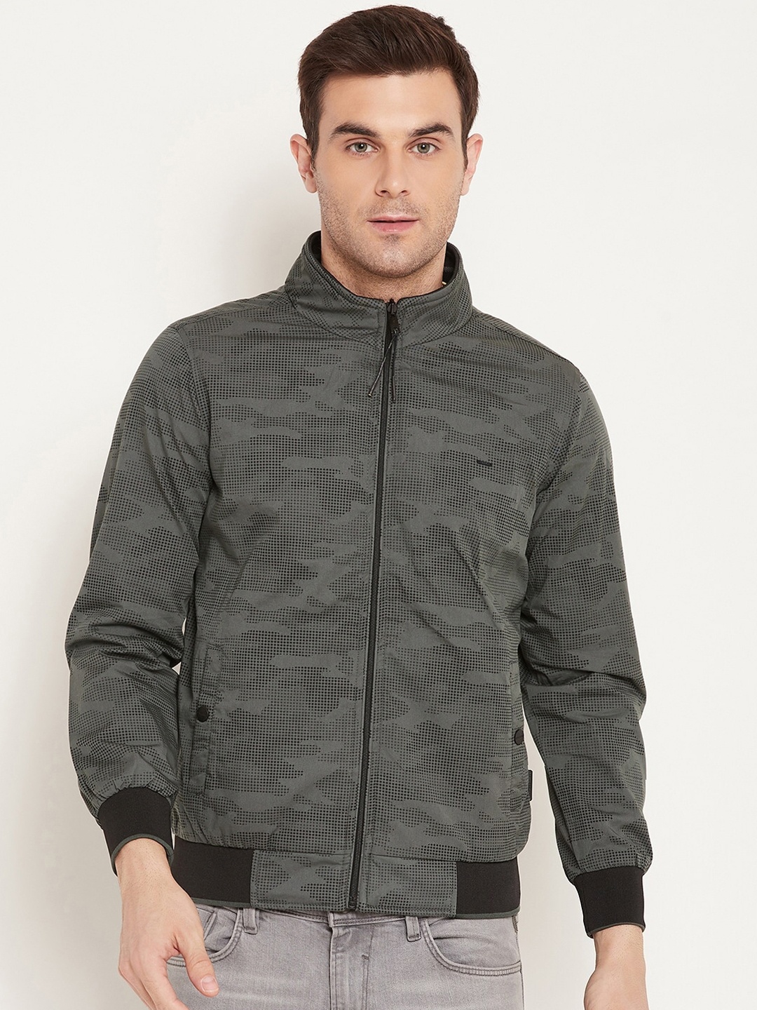 

Okane Camouflage Printed Reversible Cotton Bomber Jacket, Olive