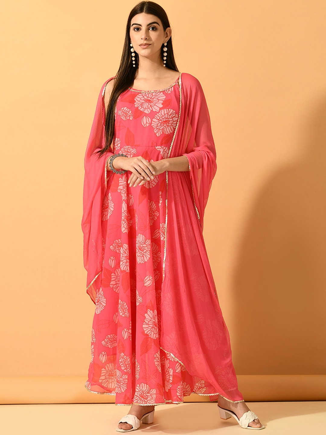 

Myshka Floral Printed Shoulder Straps Fit & Flare Ethnic Dresses With Dupatta, Pink