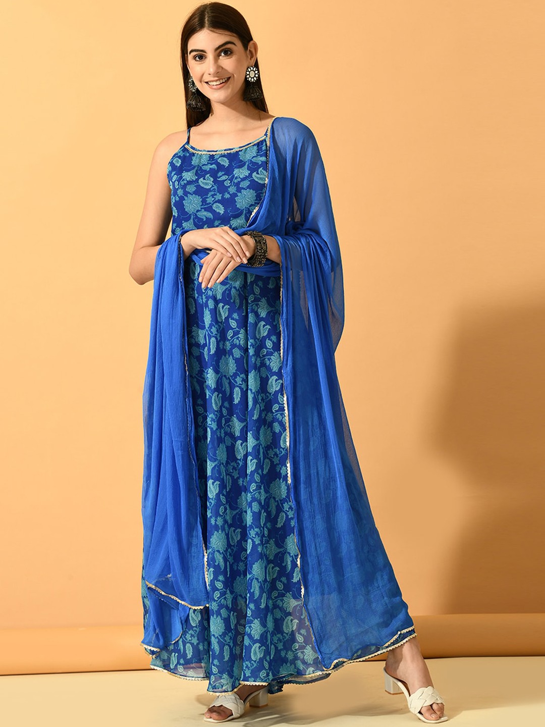 

Myshka Floral Printed Shoulder Straps Fit & Flare Ethnic Dresses With Dupatta, Blue