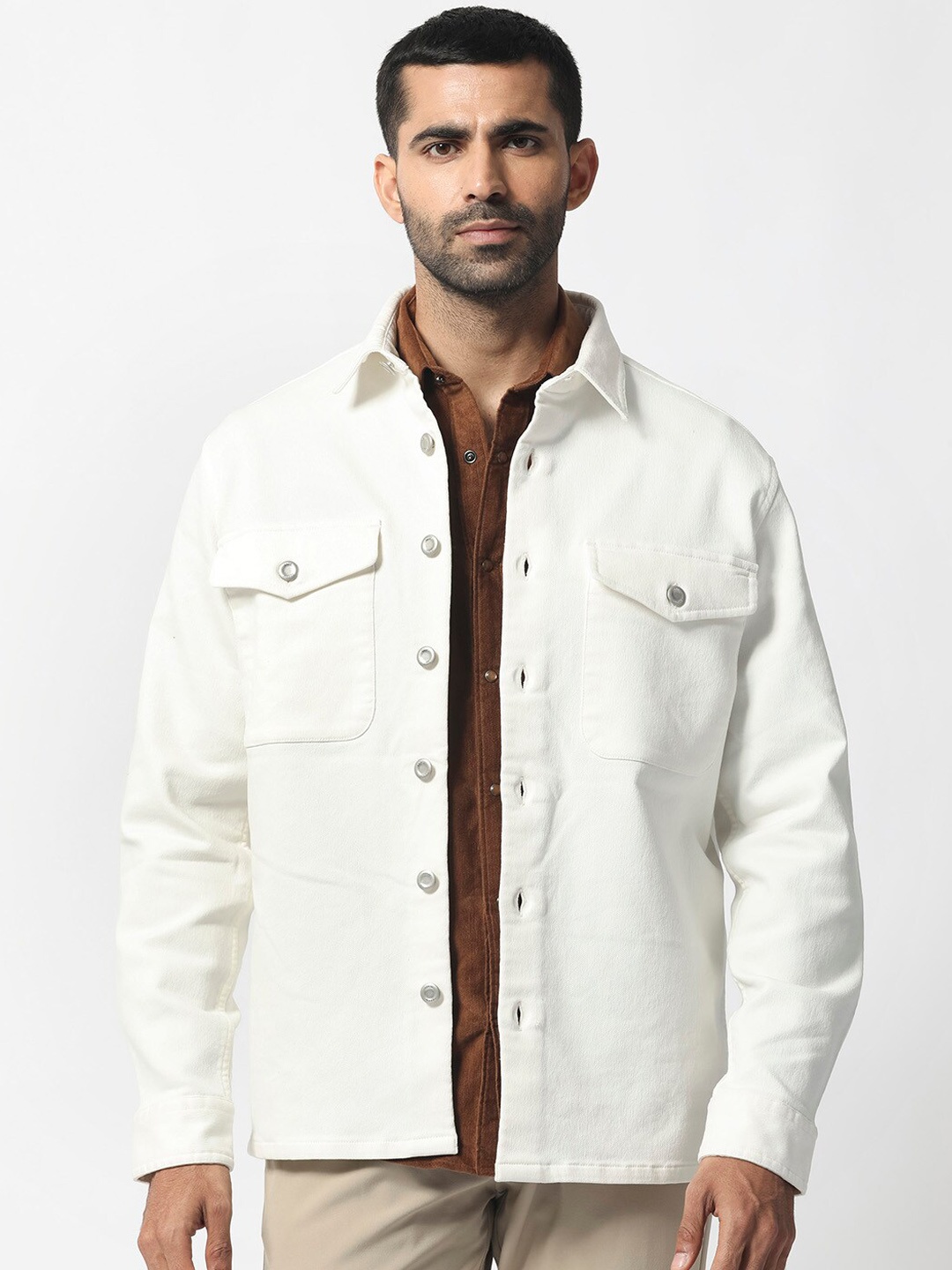 

RARE RABBIT Men Feld Spread Collar Cotton Denim Shacket, White