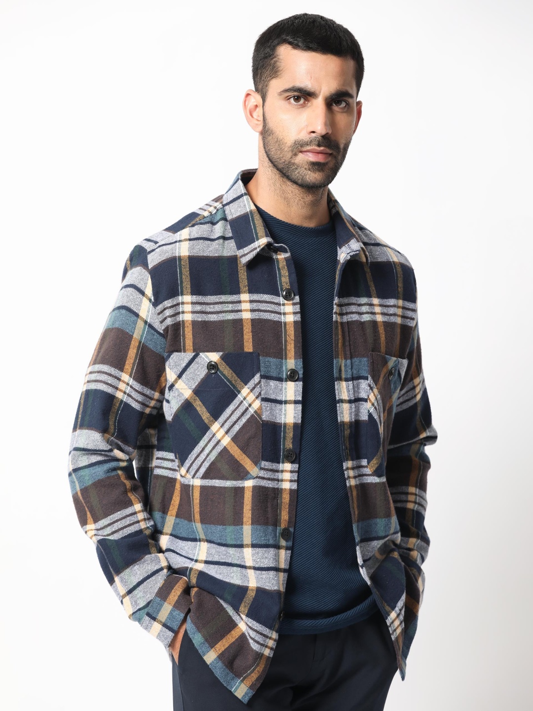 

RARE RABBIT Men Torija Checked Cotton Shacket, Brown