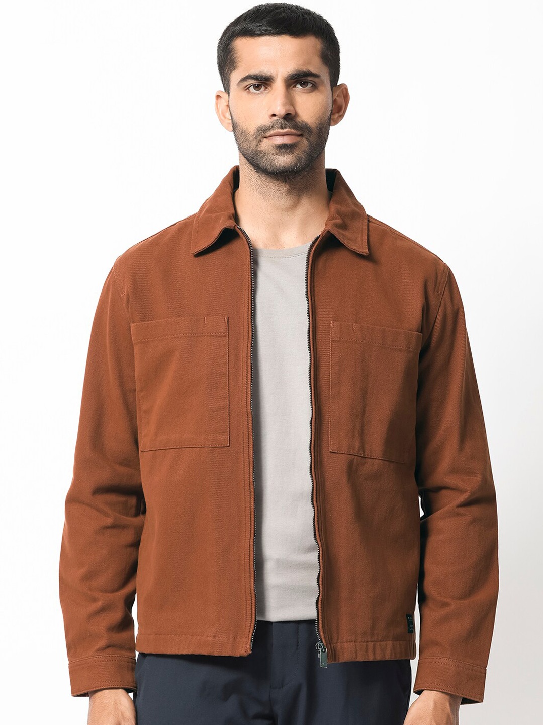 

RARE RABBIT Men Alfero Spread Collar Cotton Tailored Shacket, Brown