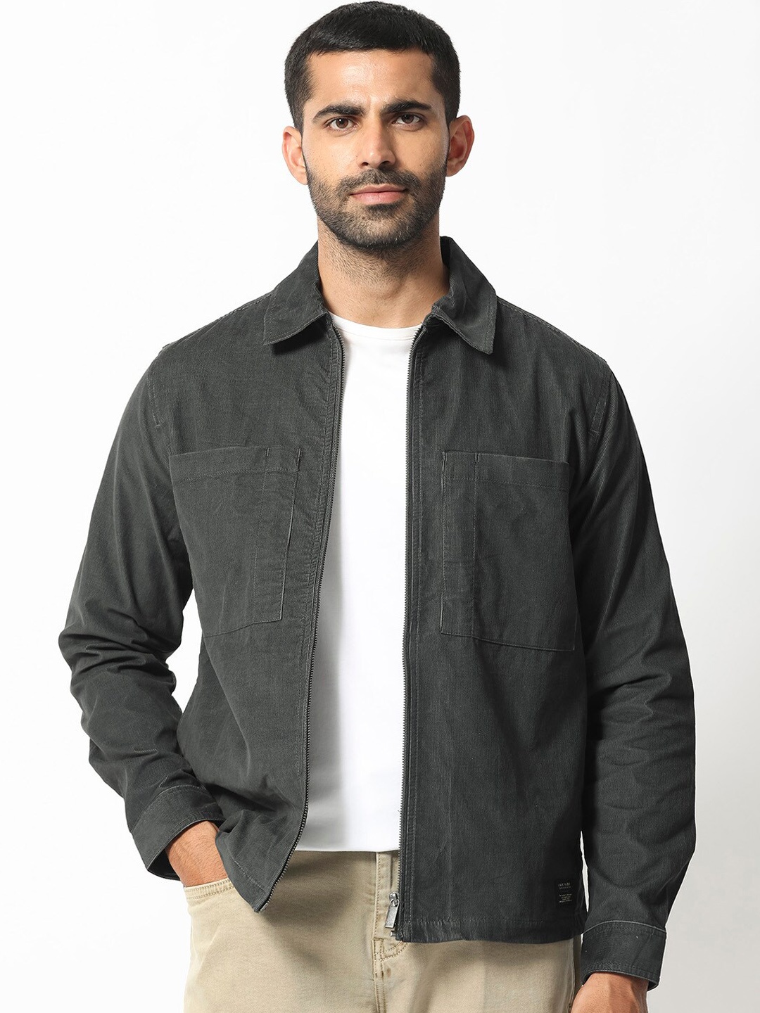 

RARE RABBIT Men Jilin Spread Collar Cotton Tailored Shacket, Grey