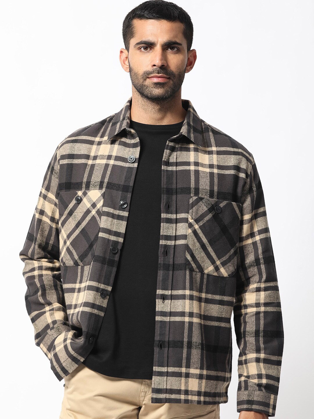 

RARE RABBIT Men Nero Checked Cotton Shacket, Grey